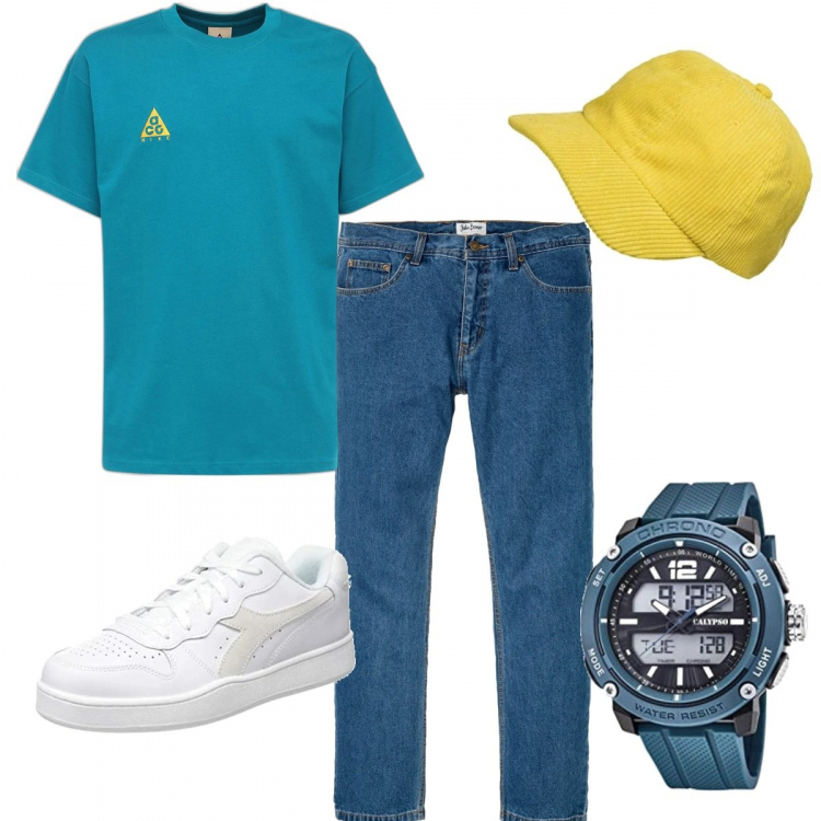 Outfit uomo - Total look #1097121. Stile Casual per Tutti i giorni. Abbinamento con jeans dritti, cappelli con visiera, sneakers, t-shirt, orologi.
