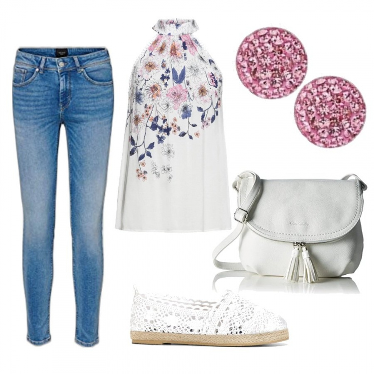 Outfit donna - Casual #1625. Stile Casual per Tutti i giorni. Abbinamento con top, espadrillas, borse a tracolla, orecchini, jeans skinny.