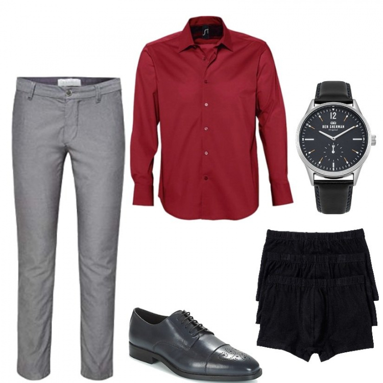 Outfit uomo - Camicia rosso passione. Stile Casual per Tutti i giorni. Abbinamento con boxer, camicie, scarpe stringate, pantaloni, orologi.