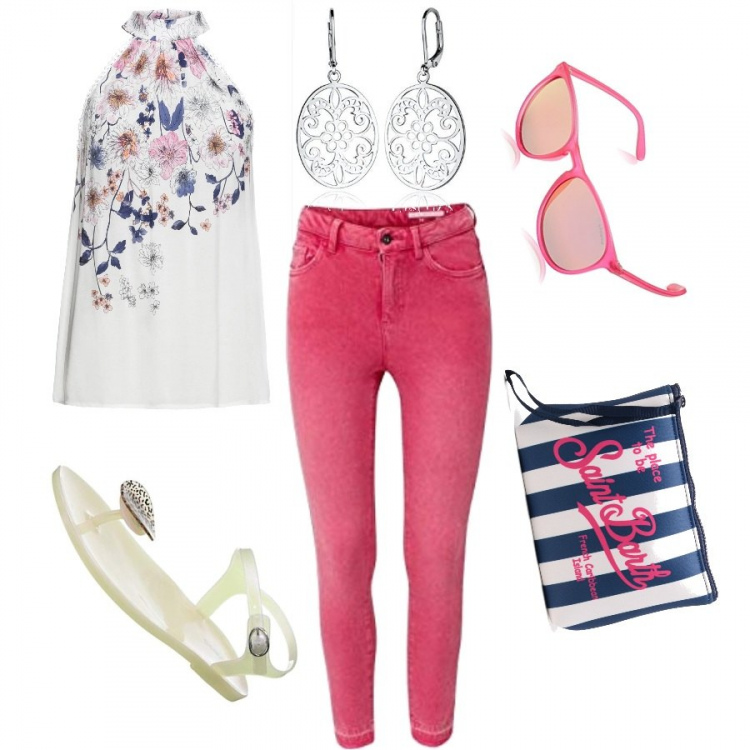 Outfit donna - Tutti i giorni basic e colorata. Stile Basic per Tutti i giorni. Abbinamento con top, pochette, infradito, pantaloni, occhiali da sole, orecchini.