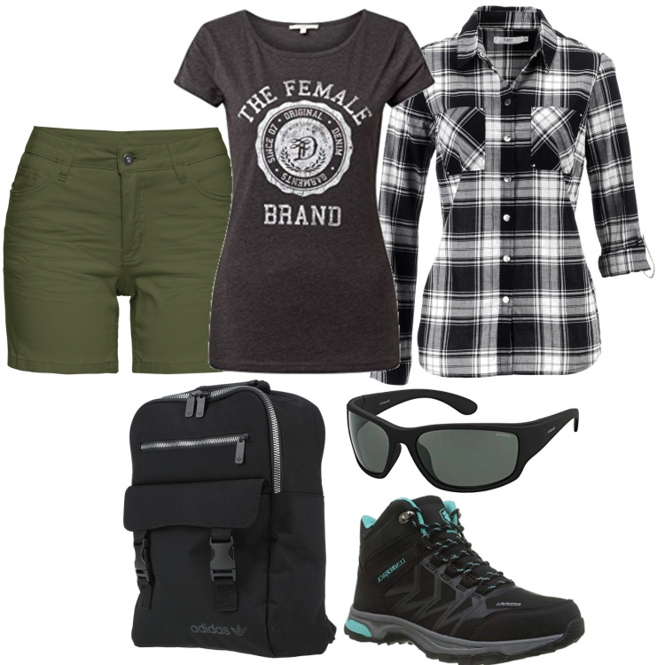 Outfit donna - Gita in montagna. Stile Military per Sport. Abbinamento con camicie, shorts, zaini, stivaletti, t-shirt, occhiali da sole.