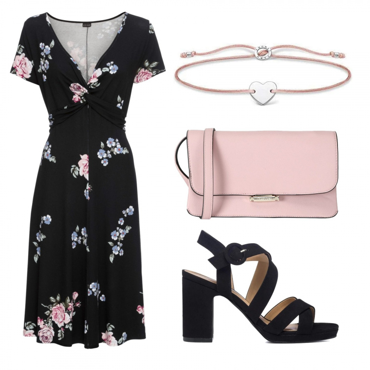 Outfit donna - Sandali con il tacco Pittarosso. Stile Romantica per Serata fuori. Abbinamento con vestiti lunghi, borse a mano, sandali col tacco, braccialetti.