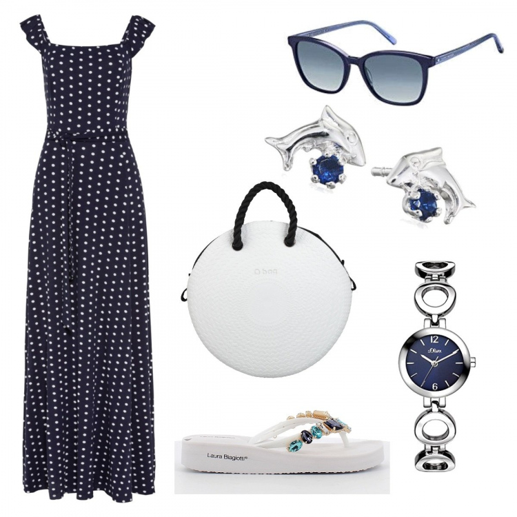 Outfit donna - White&blue taglia comoda. Stile Glamour per Tutti i giorni. Abbinamento con vestiti lunghi, borse a mano, infradito, orologi, occhiali da sole, orecchini.