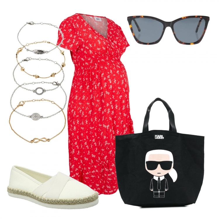 Outfit donna - Shopping comodo in città. Stile Basic per Tutti i giorni. look ideale per Premaman. Abbinamento con vestiti asimmetrici, braccialetti con ciondoli, occhiali da sole, borse tote, espadrillas.