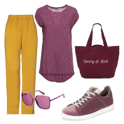 Outfit donna - Felici accostamenti. Stile Basic per Ufficio. Abbinamento con maglieria, pantaloni, sneakers, occhiali da sole, shopping bag.