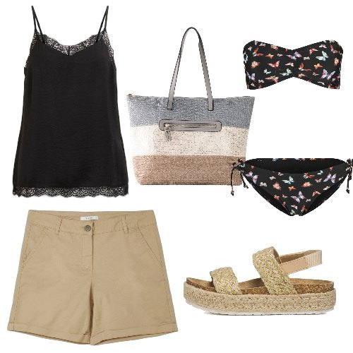 Outfit donna - Farfalle e zeppe. Stile Minimal per Mare. Abbinamento con bikini, shopping bag, canottiere, bermuda, sandali in pelle.