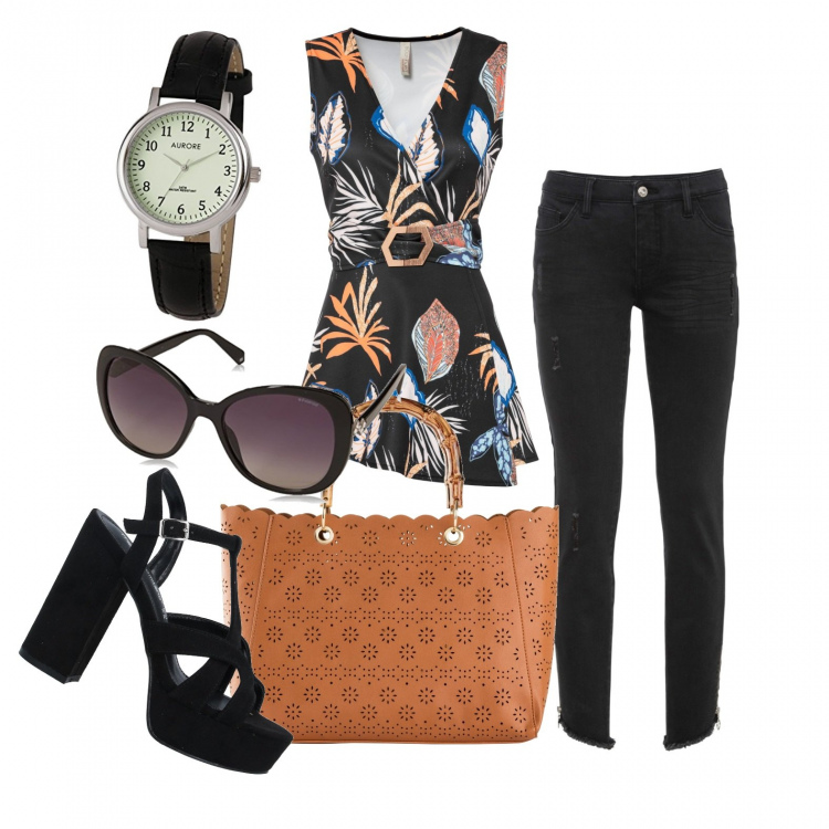 Outfit donna - Fuochi d\'artificio.... Stile Glamour per Tutti i giorni. Abbinamento con jeans skinny, maglieria, borse a mano, sandali col tacco, occhiali da sole, orologi analogici.