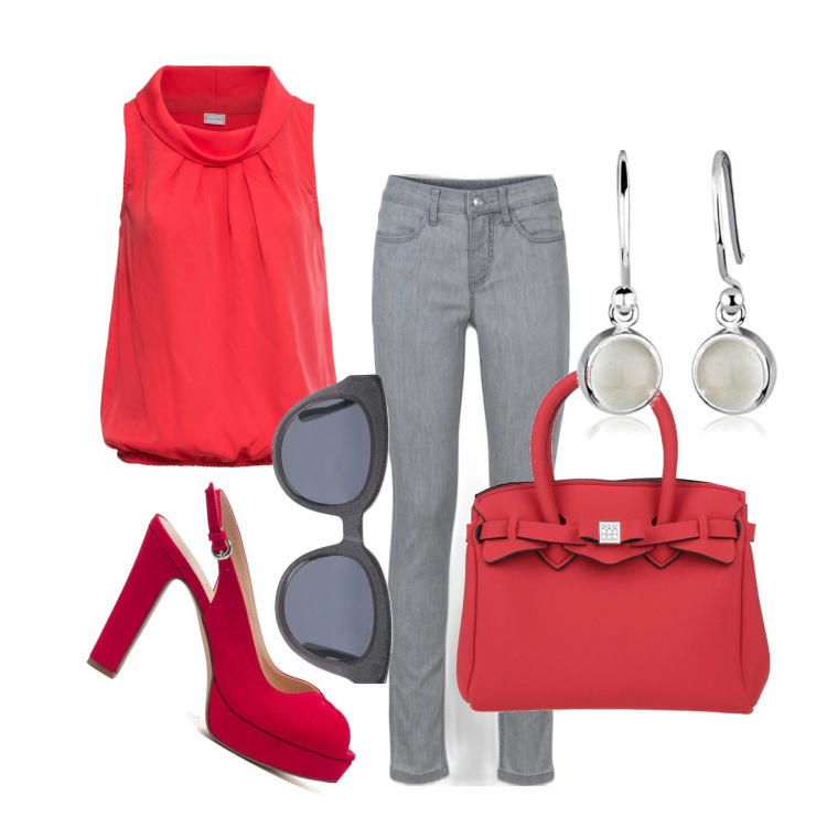 Outfit donna - Con due colori ..... Stile Basic per Tutti i giorni. Abbinamento con jeans skinny, top, borse a mano, occhiali da sole, sandali col tacco, orecchini.