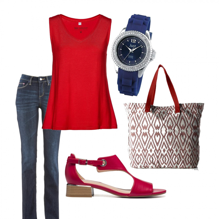 Outfit donna - Color Ciliegia. Stile Casual per Tutti i giorni. Abbinamento con jeans dritti, top, sandali in pelle, borse a spalla, orologi.