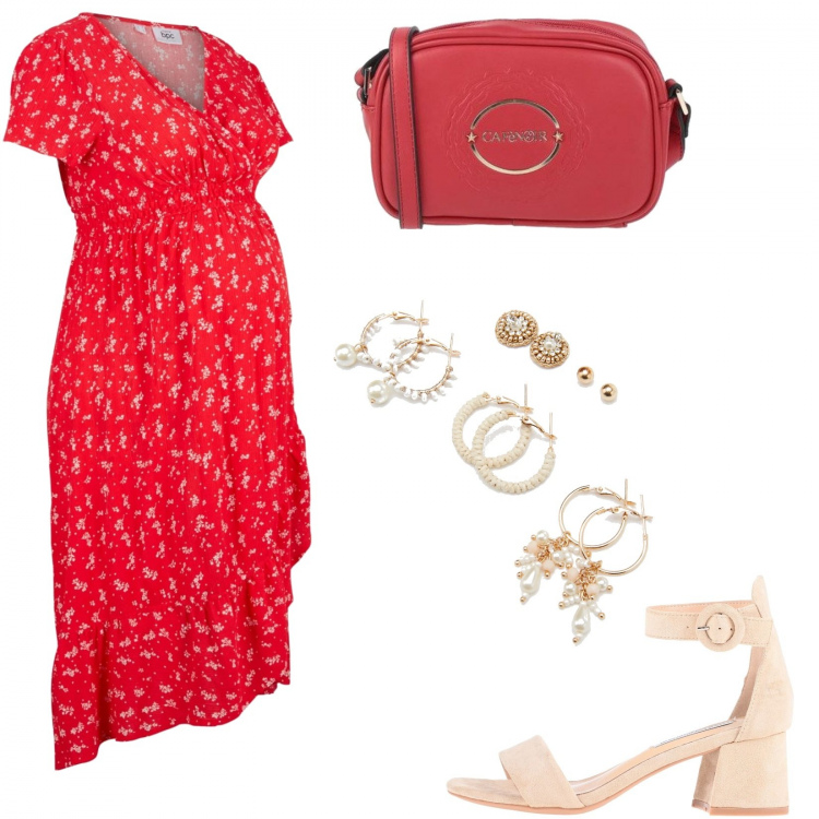 Outfit donna - Abito premaman. Stile Basic per Tutti i giorni. look ideale per Premaman. Abbinamento con vestiti asimmetrici, sandali in pelle, borse a tracolla, orecchini.