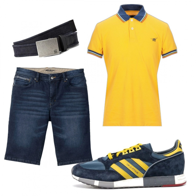 Outfit uomo - La polo gialla. Stile Casual per Tutti i giorni. Abbinamento con bermuda, polo, cinture, sneakers.