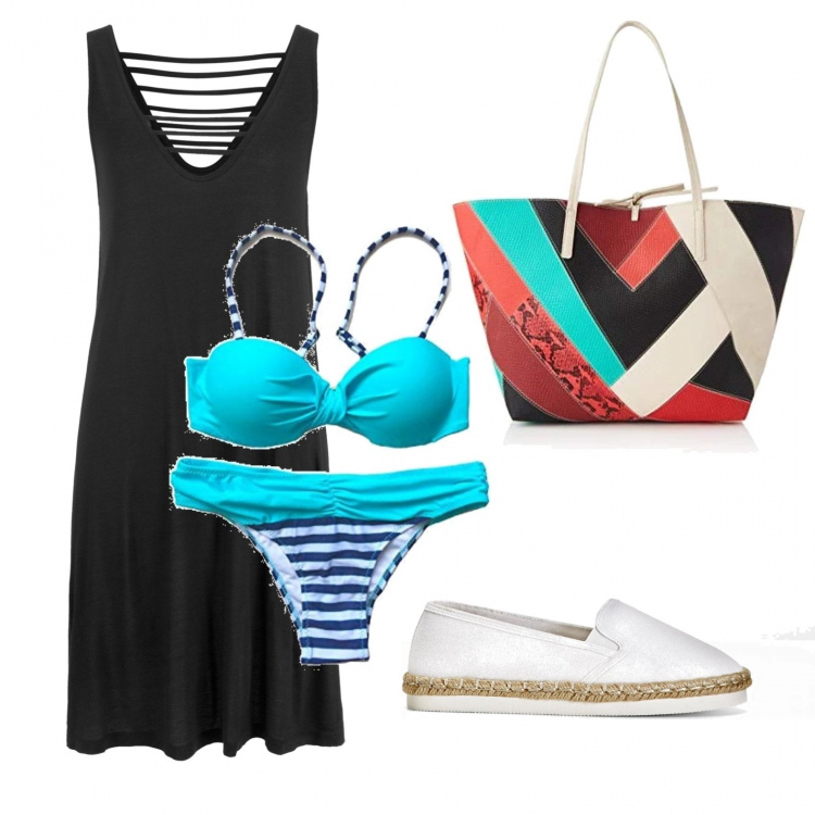 Outfit donna - In spiaggia. Stile Bon Ton per Mare. Abbinamento con vestiti da spiaggia, espadrillas, bikini, shopping bag.