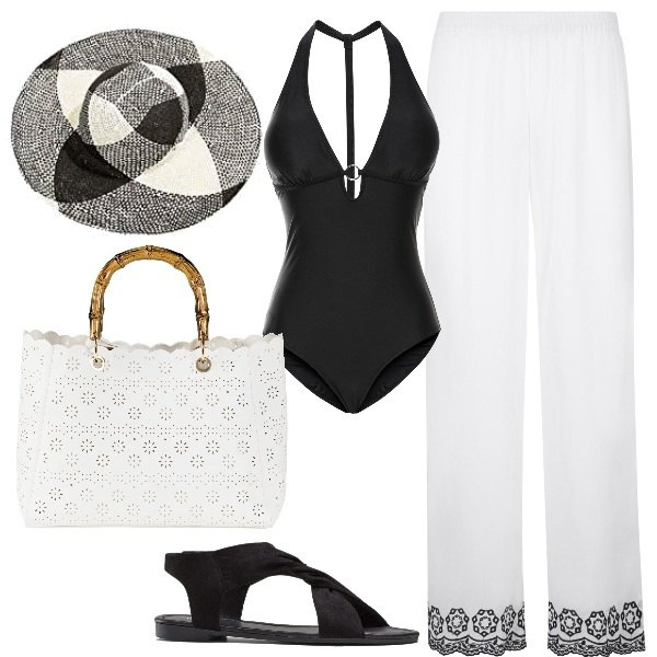 Outfit donna - Plus size chic low cost. Stile Chic per Mare. Abbinamento con costumi interi, pantaloni, borse a mano, sandali, cappelli.