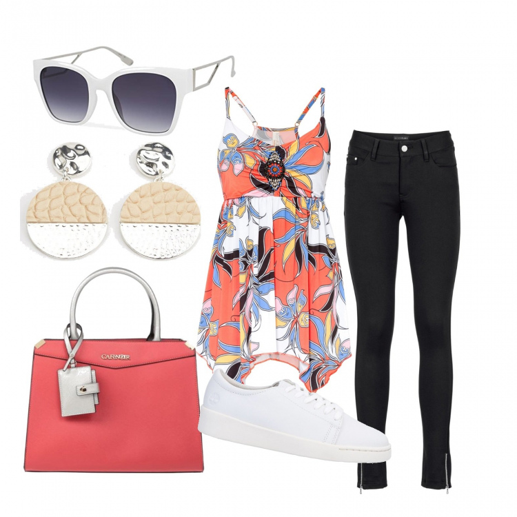 Outfit donna - Sneakers lover. Stile Urban per Tutti i giorni. Abbinamento con pantaloni, maglieria, borse a mano, sneakers, orecchini, occhiali da sole.