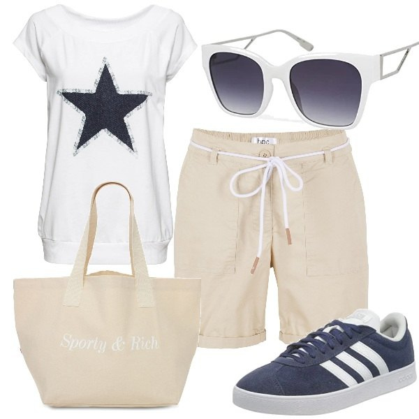 Outfit donna - Tricolor sportivo. Stile Trendy per Tutti i giorni. Abbinamento con t-shirt, shorts, sneakers, shopping bag, occhiali da sole.