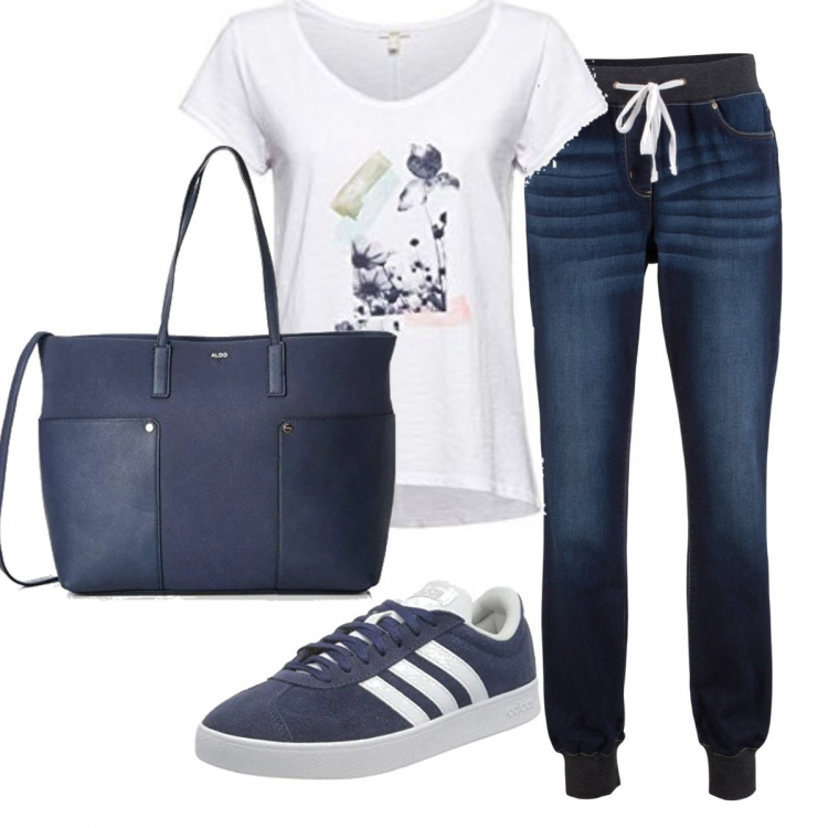 Outfit donna - Casual #1810. Stile Casual per Tutti i giorni. Abbinamento con jeans boyfriend, t-shirt, sneakers, shopping bag.