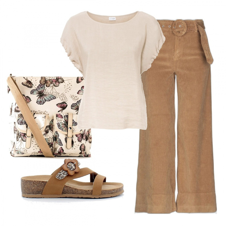 Outfit donna - Casual chic #1945. Stile Casual chic per Tutti i giorni. Abbinamento con pantaloni, borse a tracolla, tuniche, sandali.