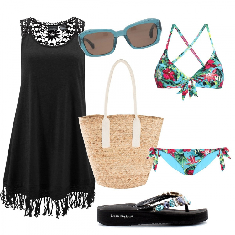 Outfit donna - Il costume a fiori. Stile Vintage retrò per Mare. Abbinamento con vestiti da spiaggia, shopping bag, bikini, occhiali da sole, infradito.