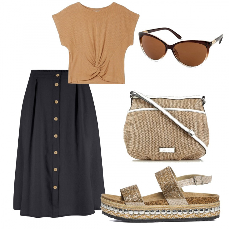 Outfit donna - Basic #26774. Stile Basic per Tutti i giorni. Abbinamento con gonne longuette, occhiali da sole, top, sandali in pelle, borse a tracolla.