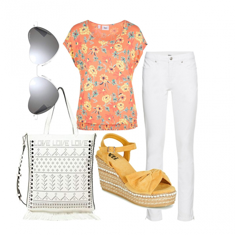 Outfit donna - Fiori sulla blusa. Stile Basic per Tutti i giorni. Abbinamento con jeans skinny, maglieria, sandali, shopping bag, occhiali da sole.