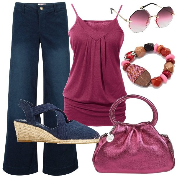 Outfit donna - Trendy plus size low cost. Stile Trendy per Tutti i giorni. Abbinamento con top, pantaloni, sandali col tacco, borse a mano, braccialetti, occhiali da sole.