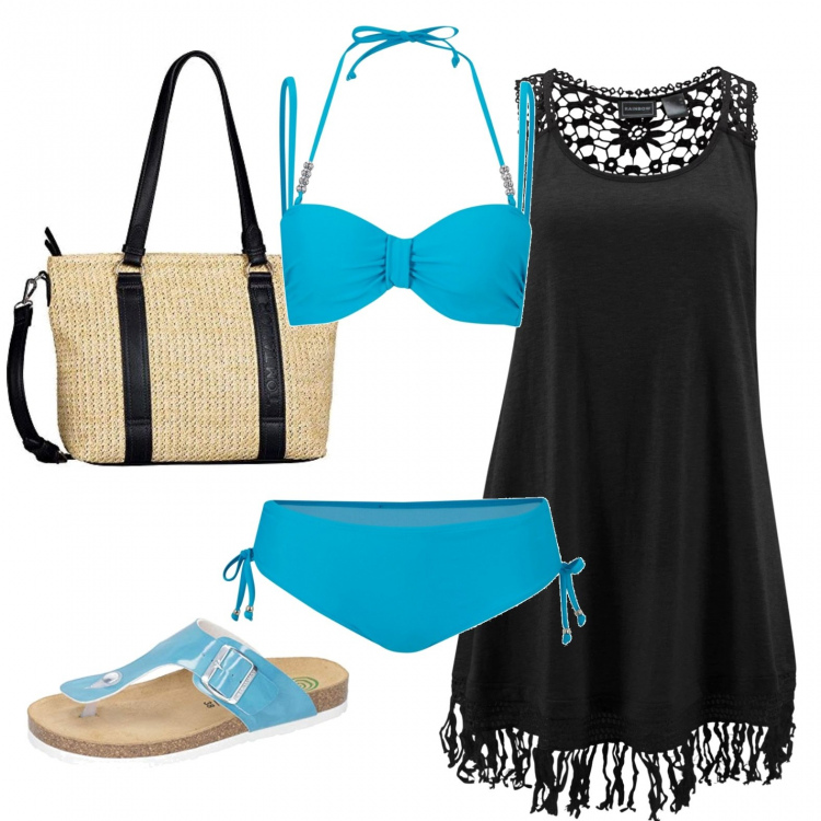 Outfit donna - Il bikini turchese. Stile Basic per Mare. Abbinamento con vestiti da spiaggia, bikini, infradito, shopping bag.