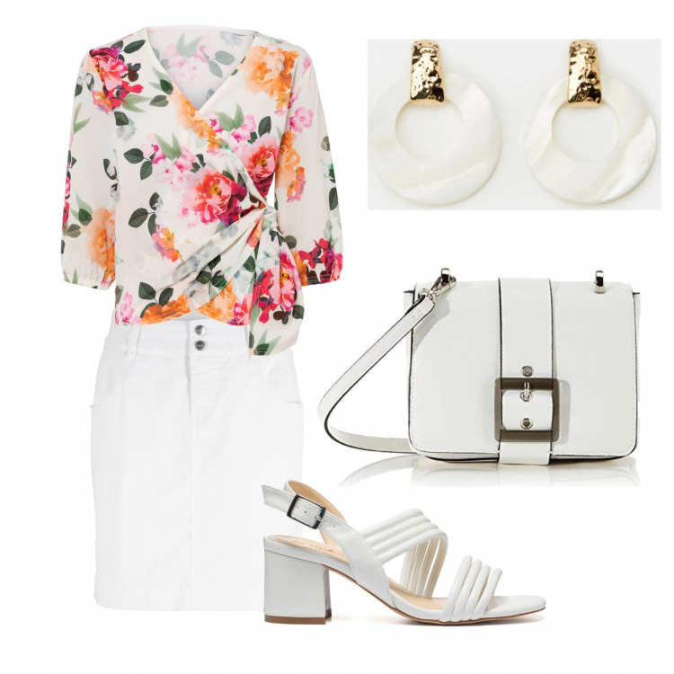 Outfit donna - In ufficio. Stile Casual per Ufficio. Abbinamento con minigonne, bluse, orecchini, sandali in pelle, borse a tracolla.