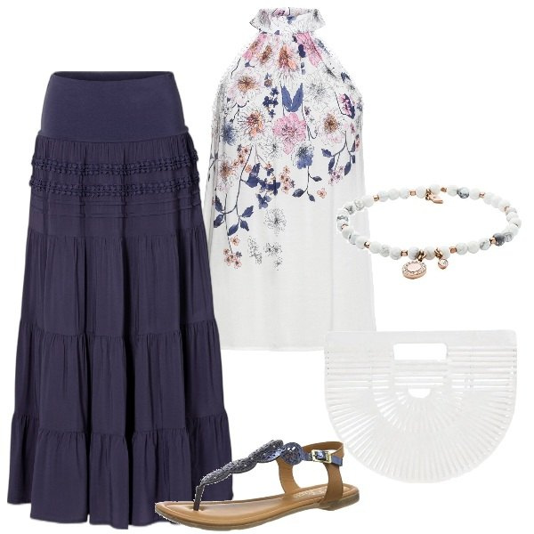 Outfit donna - Plus size passeggiaa bohemien. Stile Boho per Tutti i giorni. Abbinamento con top, gonne lunghe, borse a mano, infradito, braccialetti.