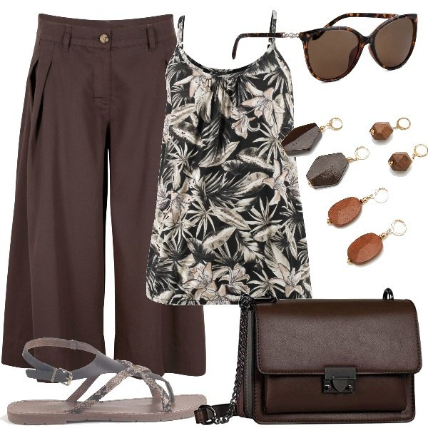 Outfit donna - Plus size tropical mood. Stile Trendy per Tutti i giorni. Abbinamento con top, pantaloni culotte, occhiali da sole, sandali, orecchini, pochette.