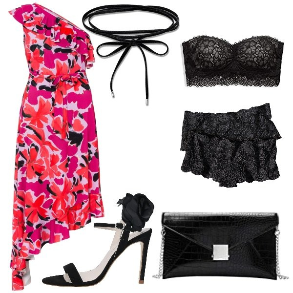 Outfit donna - Plus size serata sexy low cost. Stile Sexy per Serata fuori. Abbinamento con culotte, vestiti asimmetrici, sandali col tacco, reggiseni, clutch, ciondoli.