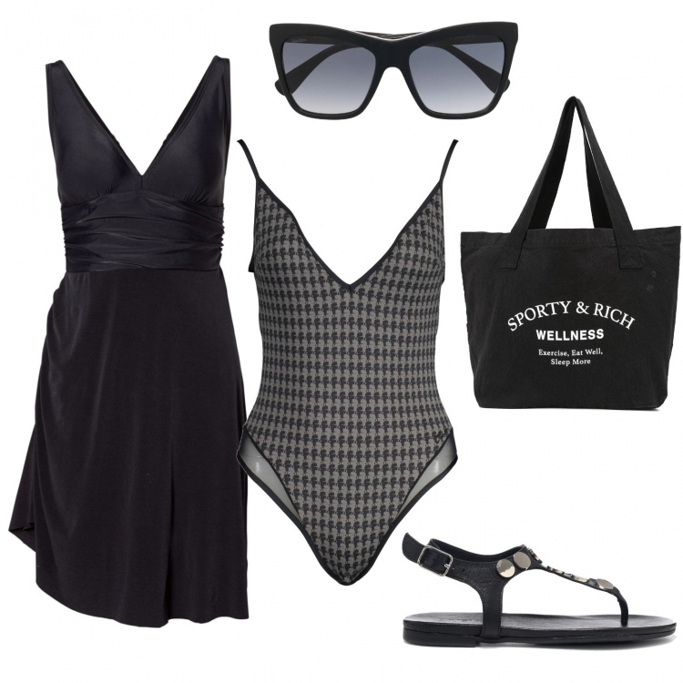 Outfit donna - Total black per il mare. Stile Chic per Mare. Abbinamento con vestiti da spiaggia, infradito, occhiali da sole, borse tote, costumi interi.