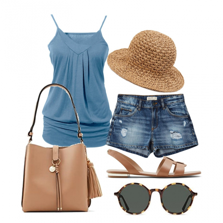Outfit donna - Estate al 100%. Stile Basic per Tutti i giorni. Abbinamento con top, pantaloni, cappelli, sandali in pelle, borse a mano, occhiali da sole.