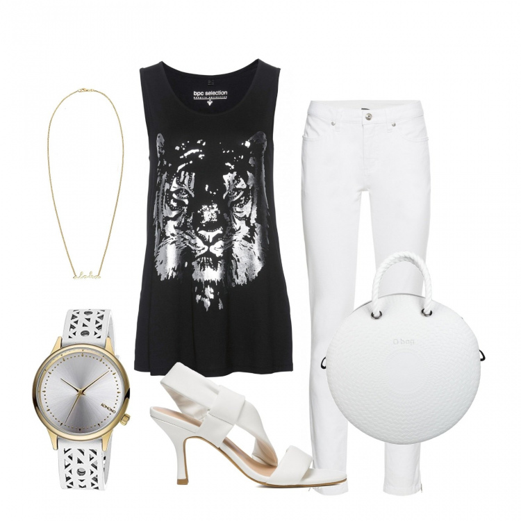 Outfit donna - Tiger woman. Stile Trendy per Tutti i giorni. Abbinamento con jeans skinny, top, borse a mano, sandali in pelle, orologi, collane.