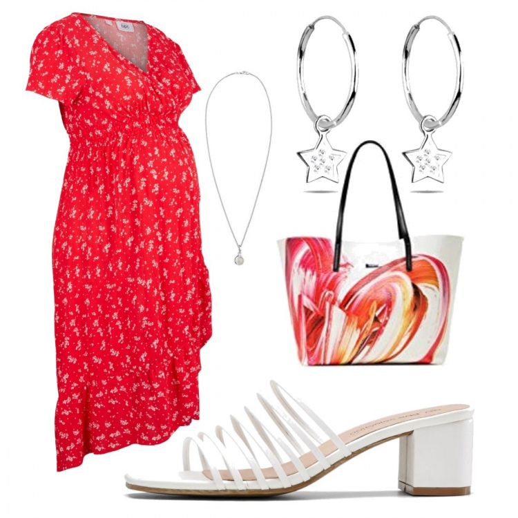 Outfit donna - Estate Premaman. Stile Basic per Tutti i giorni. look ideale per Premaman. Abbinamento con vestiti asimmetrici, sandali, shopping bag, orecchini, ciondoli.