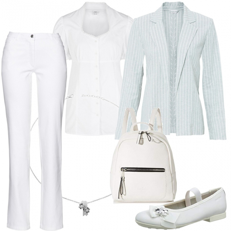 Outfit donna - Total look ufficio. Stile Romantica per Ufficio. Abbinamento con pantaloni, blazer, camicie, ballerine, zaini, collane.