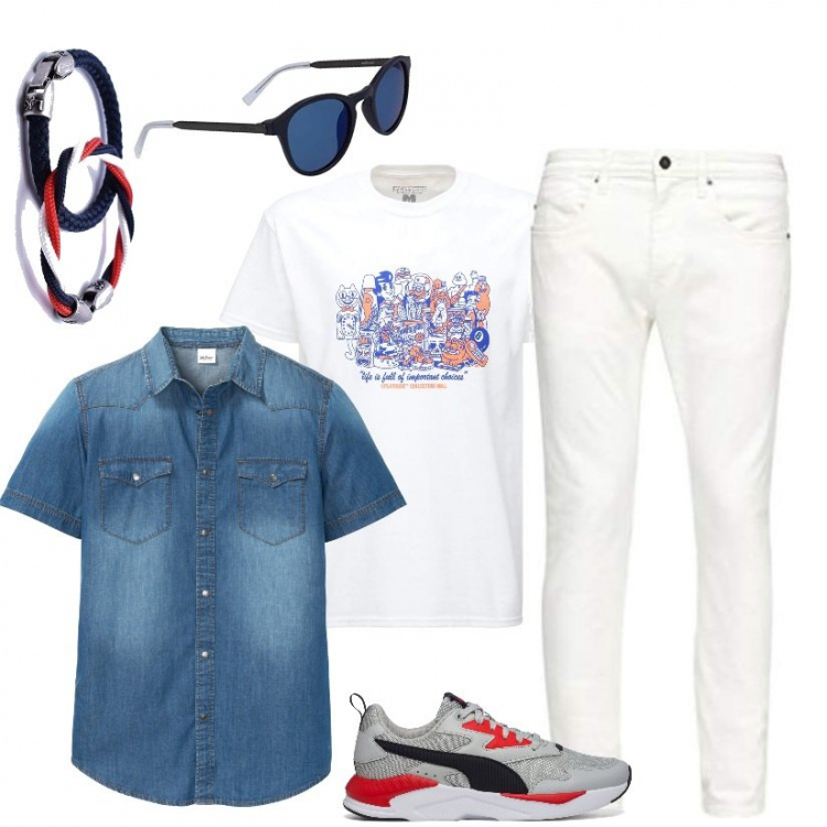 Outfit uomo - Comodo e spensierato. Stile Casual per Tutti i giorni. Abbinamento con camicie a manica corta, braccialetti, sneakers, t-shirt, jeans slim fit, occhiali da sole.