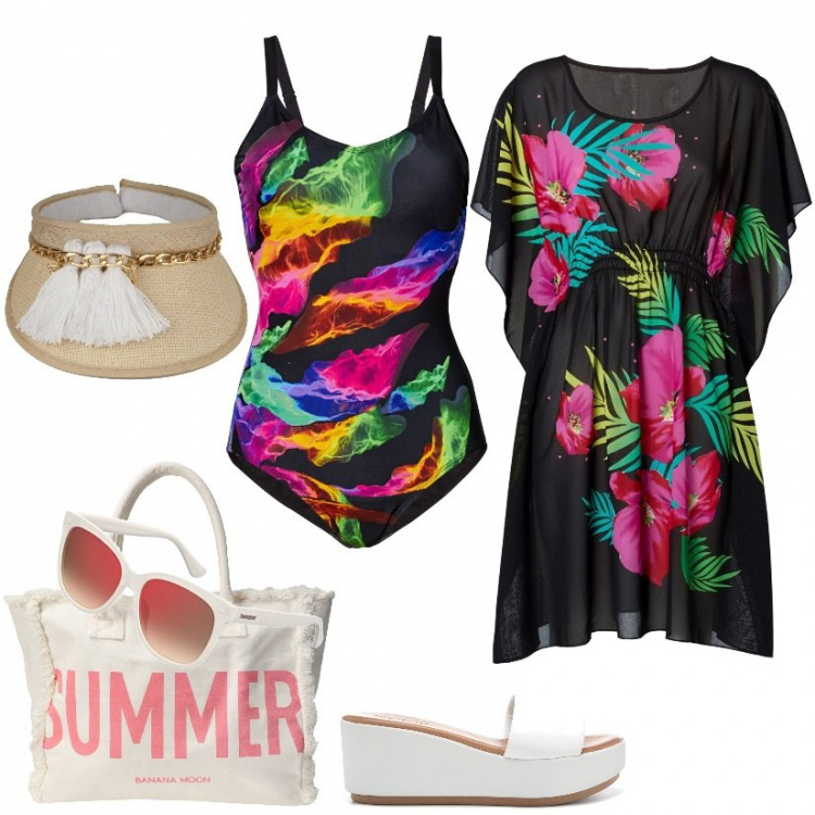 Outfit donna - Super look mare. Stile Casual chic per Mare. Abbinamento con costumi interi, vestiti da spiaggia, borse a mano, cappelli con visiera, sabot, occhiali da sole.