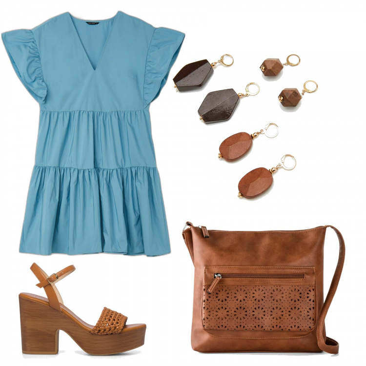 Outfit donna - Tra cielo e terra. Stile Basic per Tutti i giorni. Abbinamento con borse a tracolla, vestiti corti, orecchini, sandali in pelle.