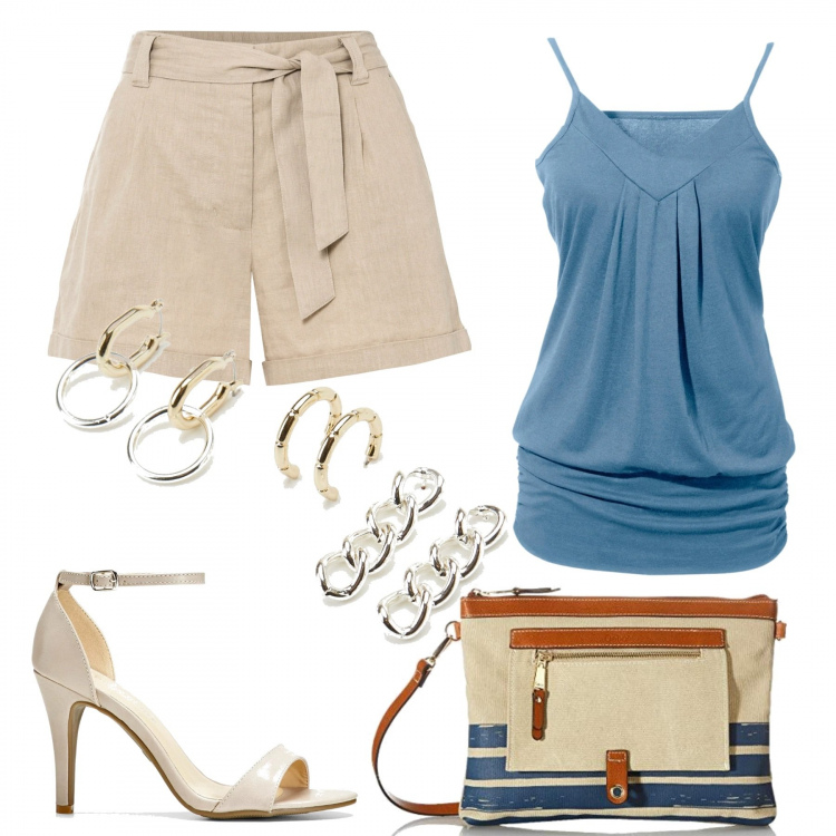 Outfit donna - Apericena. Stile Glamour per Serata fuori. Abbinamento con top, shorts, sandali in pelle, orecchini, clutch.