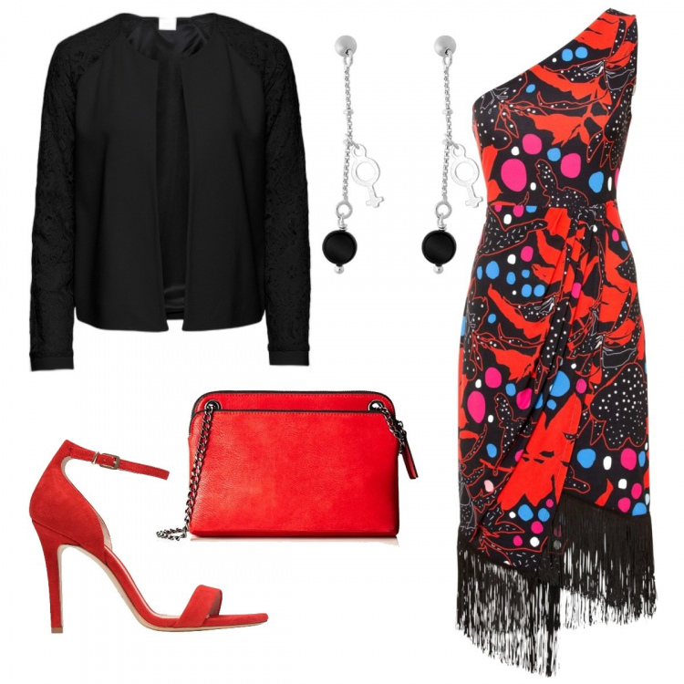 Outfit donna - Cena per due. Stile Chic per Serata fuori. Abbinamento con blazer, vestiti asimmetrici, sandali col tacco, orecchini, borse a tracolla.