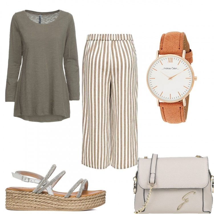 Outfit donna - Total look dai colori neutri. Stile Mannish per Ufficio. Abbinamento con borse a tracolla, maglieria, sandali in pelle, pantaloni culotte, orologi analogici.