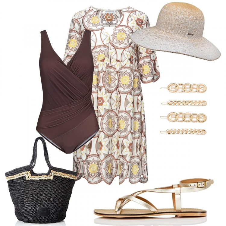 Outfit donna - Mare Donna Curvy. Stile Trendy per Mare. Abbinamento con costumi interi, vestiti corti, accessori per capelli, sandali alla schiava, cappelli, borse a mano.