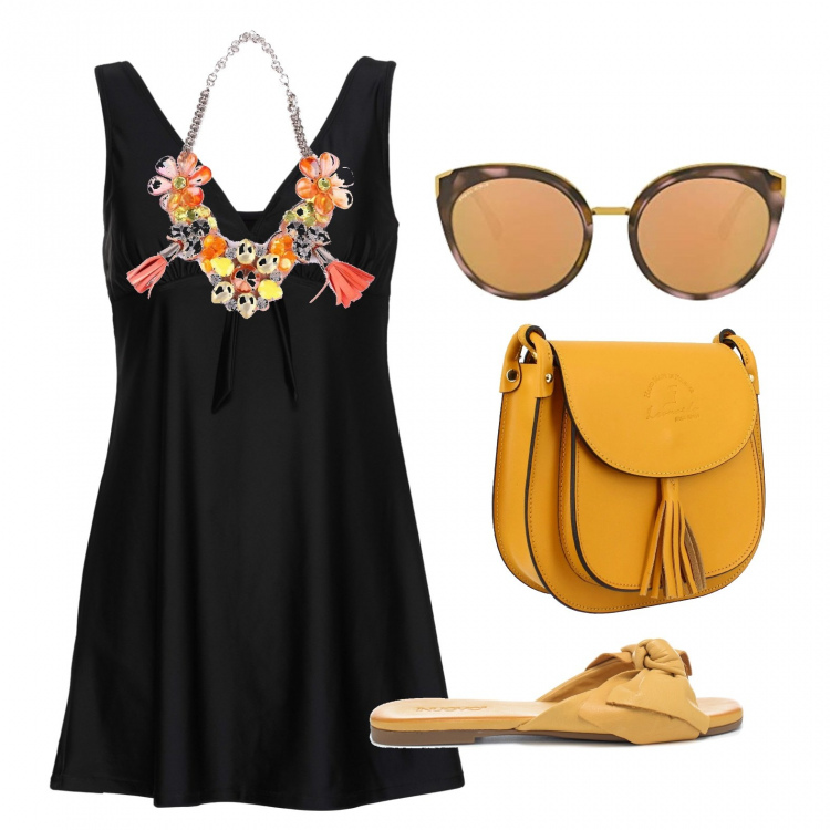 Outfit donna - L\' abito per il mare. Stile Casual chic per Tutti i giorni. Abbinamento con vestiti da spiaggia, borse a tracolla, collane, sandali, occhiali da sole.