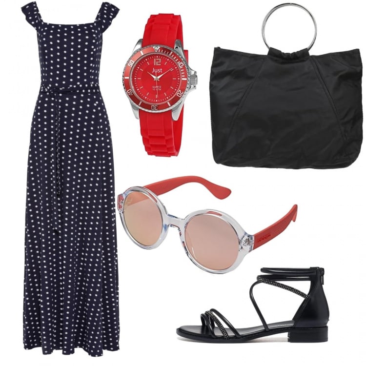 Outfit donna - Con i sandali alla schiava. Stile Boho per Tutti i giorni. Abbinamento con borse a mano, vestiti lunghi, sandali in pelle, orologi, occhiali da sole.