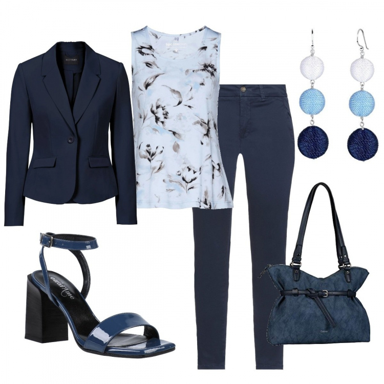 Outfit donna - Blu in ufficio. Stile Trendy per Ufficio. Abbinamento con blazer, top, pantaloni, sandali col tacco, shopping bag, orecchini.