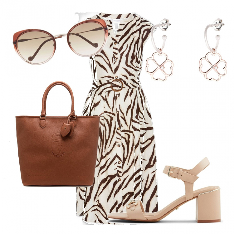 Outfit donna - Chic comodo. Stile Chic per Tutti i giorni. Abbinamento con vestiti chemisier, orecchini, shopping bag, occhiali da sole, sandali in pelle.