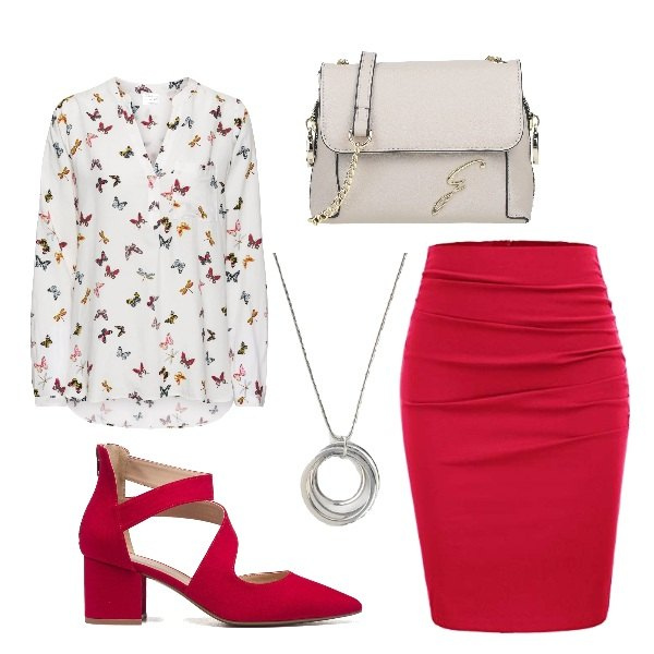 Outfit donna - Riunione di lavoro. Stile Casual chic per Ufficio. Abbinamento con bluse, collane, borse a tracolla, décolleté, gonne.