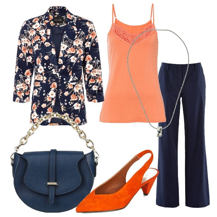 Outfit donna - La giacca a fiori. Stile Romantica per Ufficio. Abbinamento con borse a mano, pantaloni, blazer, top, décolleté, ciondoli.