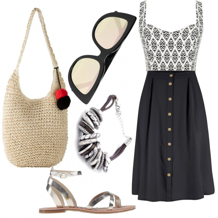 Outfit donna - Basic. Stile Basic per Tutti i giorni. Abbinamento con gonne longuette, shopping bag, infradito, occhiali da sole, top, braccialetti.