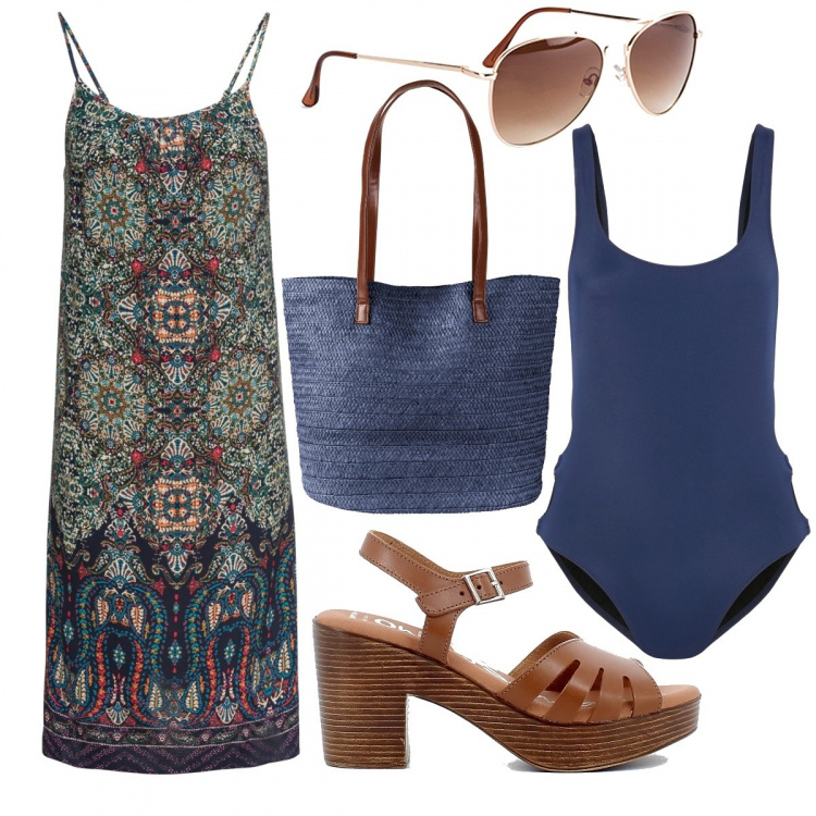 Outfit donna - Etnico in spiaggia. Stile Etnico per Mare. Abbinamento con vestiti, occhiali da sole, shopping bag, costumi interi, sandali.